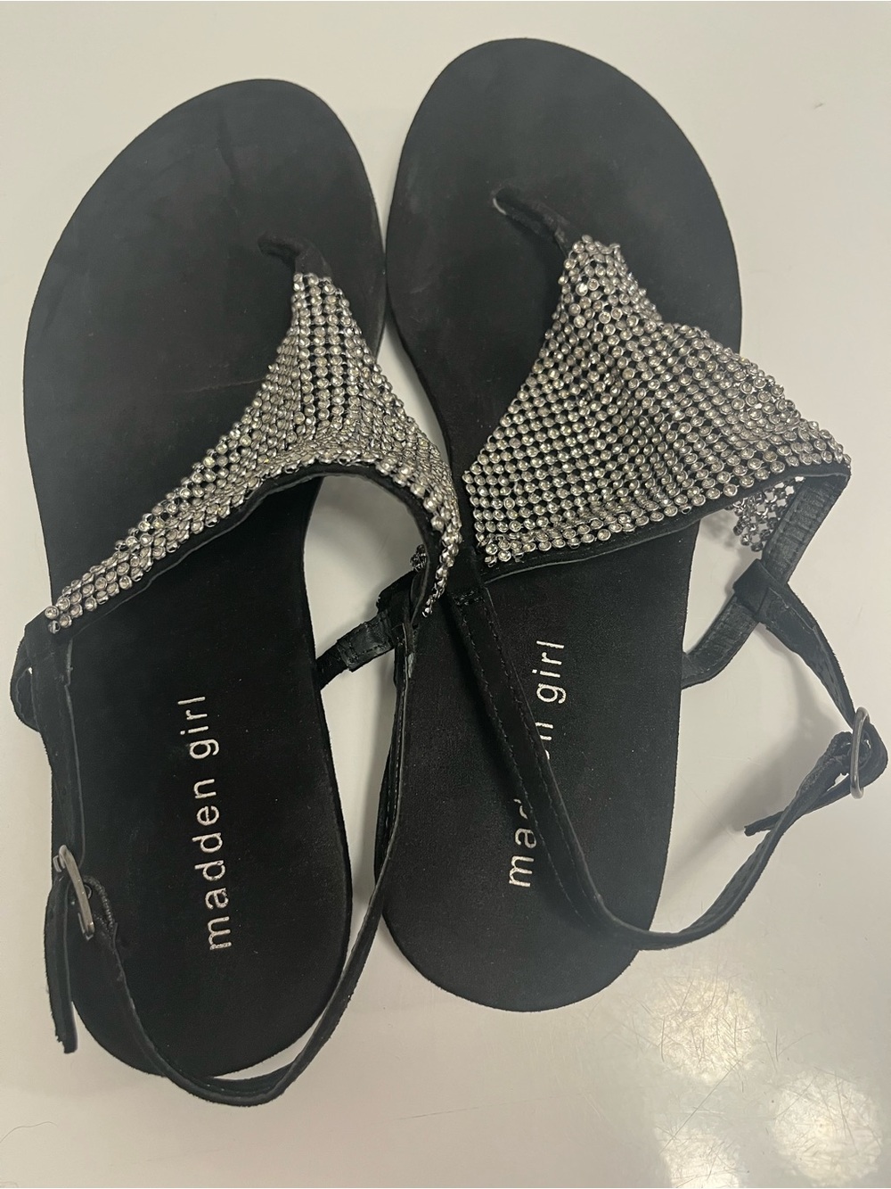 Madden Girl Black T-Strap Sandals with Silver Rhinestones